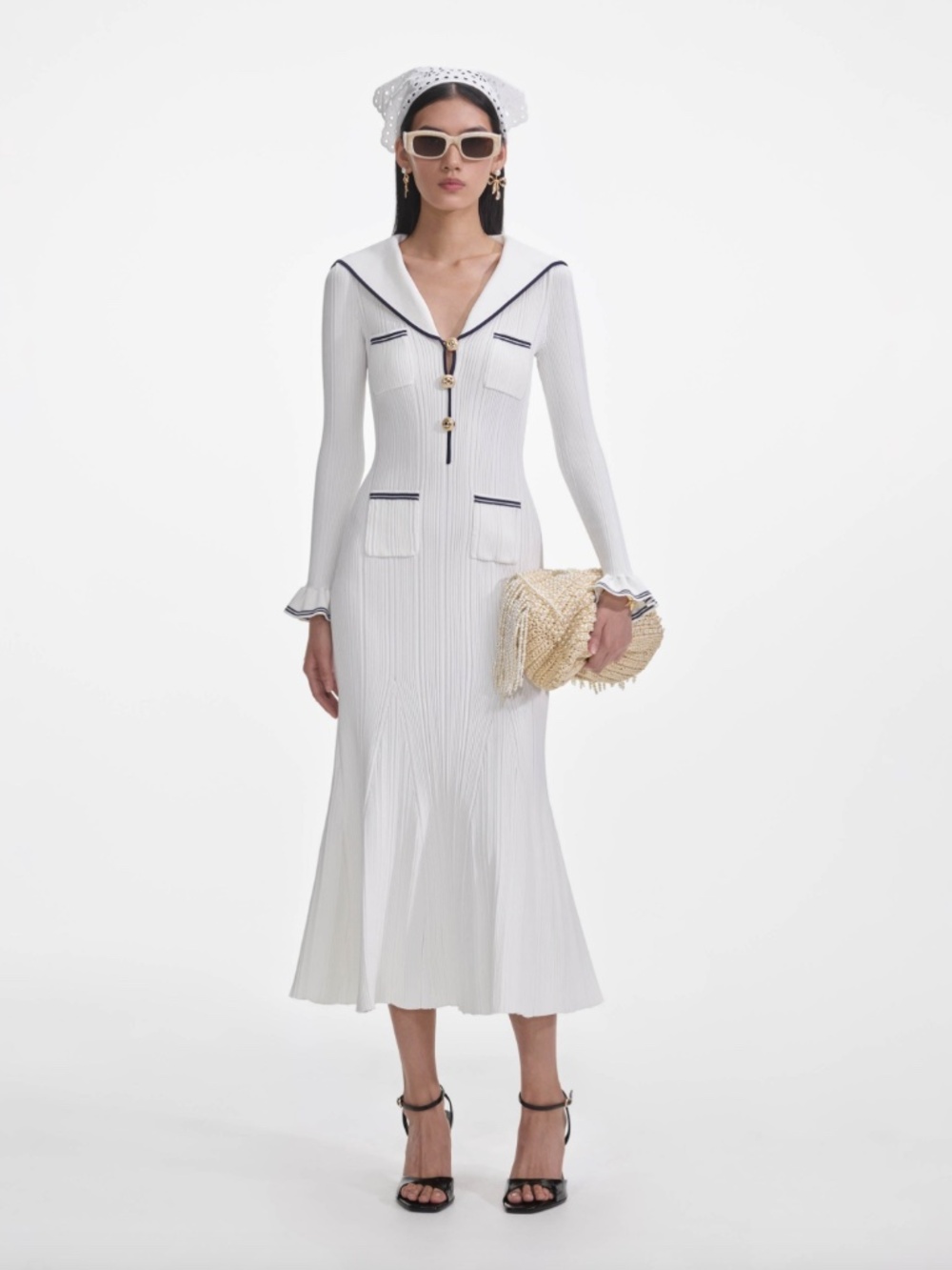 self-portrait White Viscose Knit Rib Midi Dress Size: Medium - MSRP $555 - NWT